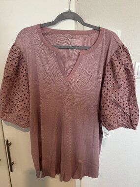 Nine West Women's Plus Mixed Media Puff Sleeve Top NWT